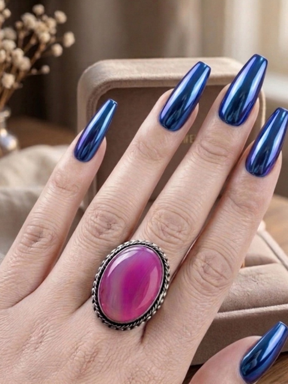 Pink Agate Statement Ring – Silver-Tone Setting